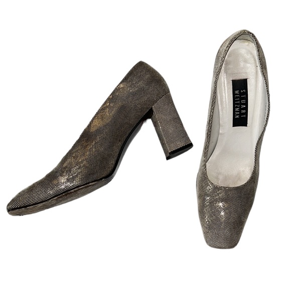 Stuart Weitzman Vintage Metallic Gold Faux Snakeskin Block Kitten Heels - 9 - Picture 3 of 14